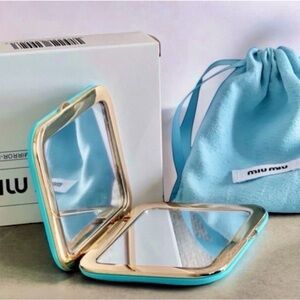 MIU MIU Teal Tiffany Blue and Gold Compact Mirror with Pouch Aqua